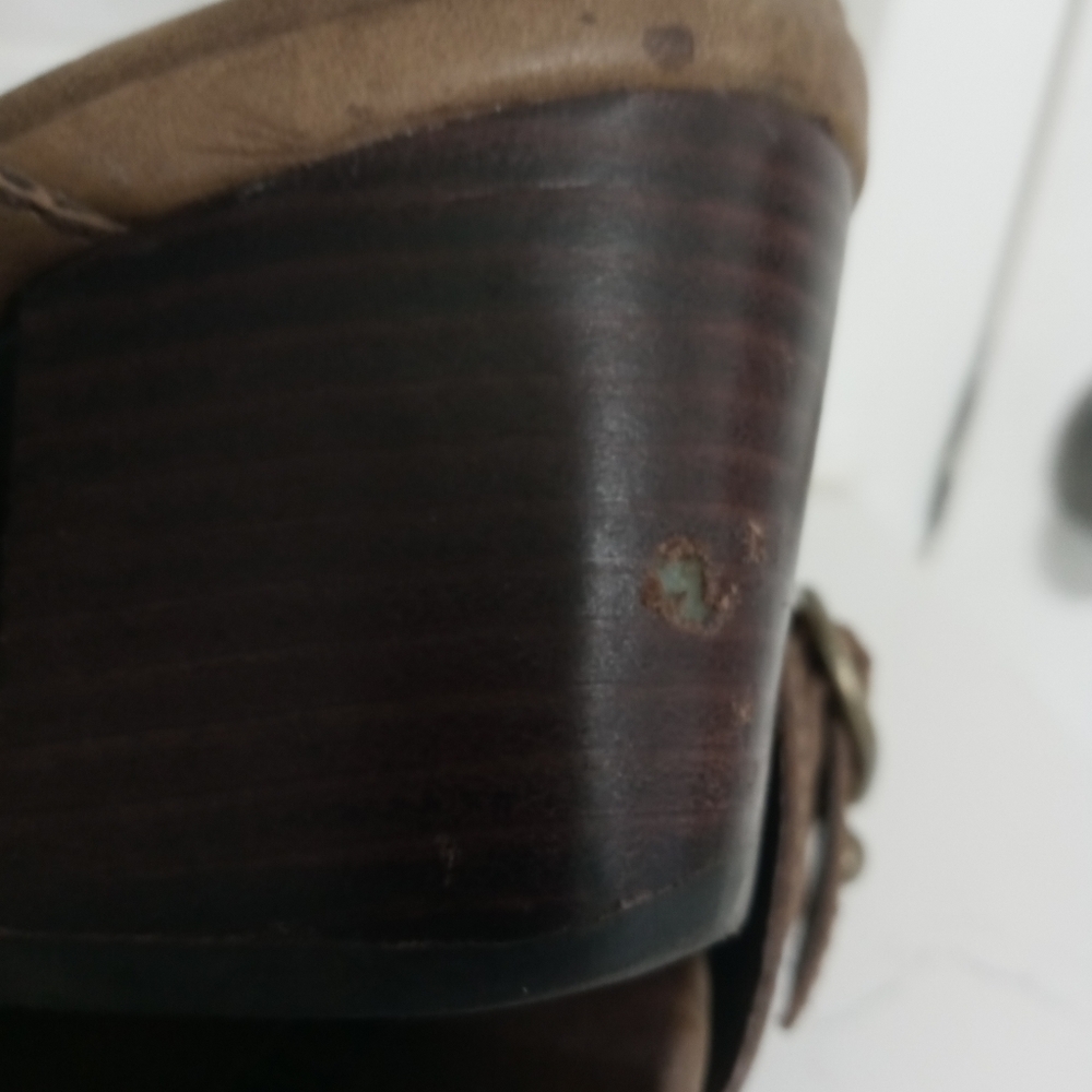Born Genuine Leather Distressed Light Brown Mules Buckle accent Strap block Heel - Picture 6 of 11